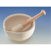 Mortar & Pestle Unglazed Porcelain OD 115mm.  Wooden Handle