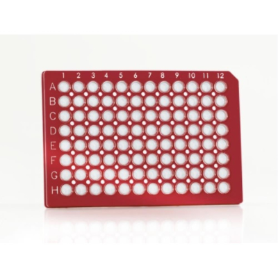 Azenta Life Sciences FrameStar 96 Well PCR Plate Semi-Skirted Red Frame Clear Wells A12 Cut Corner A