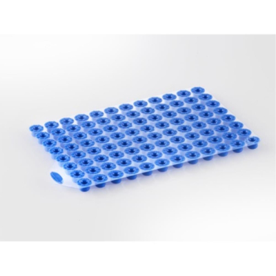 96 individual caps in sheet format, blue TPE, pierce able; suitable for sealing all of our 96 well P