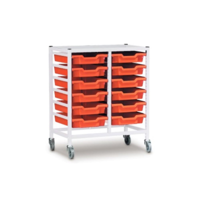 Gratnells Double Column Adjustable Trolley 850mm Set 01 White with Tropical Orange Trays and Runners