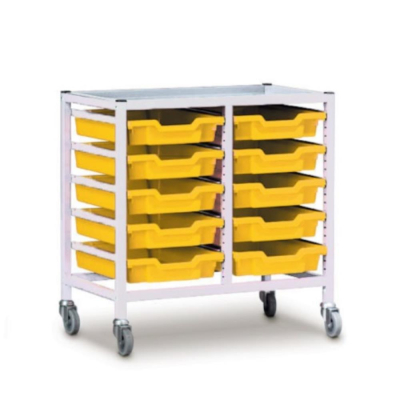 Gratnells Double Column Adjustable Trolley 725mm Set 01 White with Sunshine Yellow Trays and Runners