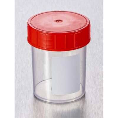 Gosselin Straight 125mL Container, Polypropylene,  Clear with Red Screw Cap and White Label, Sterile