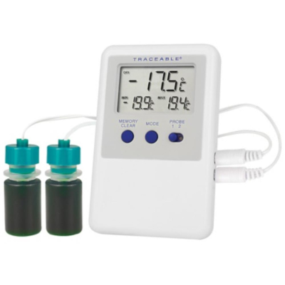 Traceable Ultra Refrigerator/Freezer Thermometer with Calibration; 2 Plastic Bottle Probes