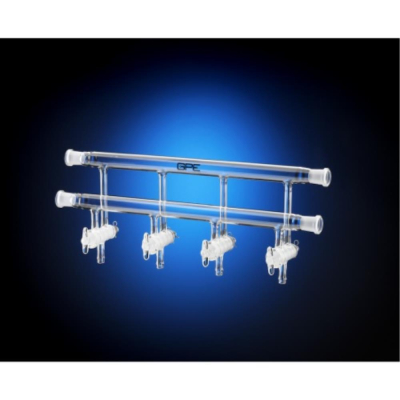 J Young Dual Bank Manifold With Glass Stopcocks 4 Port 4mm Valve Size 400mm Approx Width - Does Not