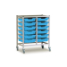 Gratnells Double Column Adjustable Trolley 850mm Set 01 Silver with Cyan Blue Trays and Runners