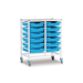 Gratnells Double Column Adjustable Trolley 850mm Set 01 White with Cyan Blue Trays and Runners