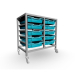 Gratnells Double Column Adjustable Trolley 725mm Set 01 Silver with Cyan Blue Trays and Runners
