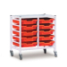 Gratnells Double Column Adjustable Trolley 725mm Set 01 White with Flame Red Trays and Runners